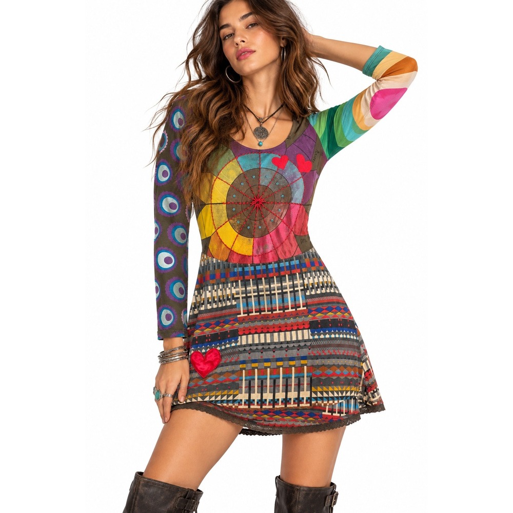 Y2K Euro Desigual Mini Dress XL Patchwork Heart Vintage Print Crochet Embroider